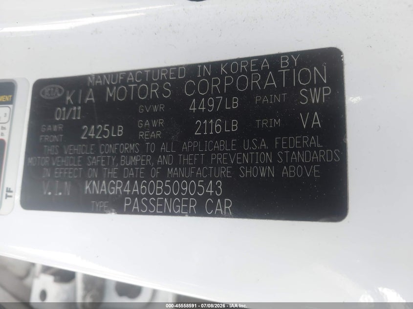 2011 Kia Optima VIN KNAGR4A60B5090543 IAAI salvage auction — FRONT END, Salvage (North Carolina), sold $225 on 2026-07-29 (photo 9)