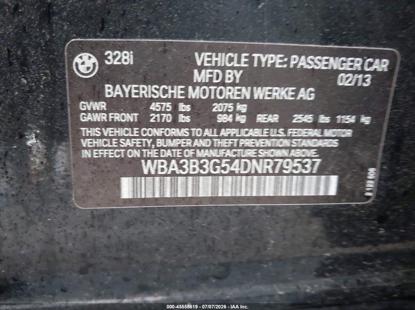 2013 BMW 3er VIN WBA3B3G54DNR79537 IAAI salvage auction — NORMAL WEAR, Original (Vermont), sold $425 on 2026-07-31 (photo 9)