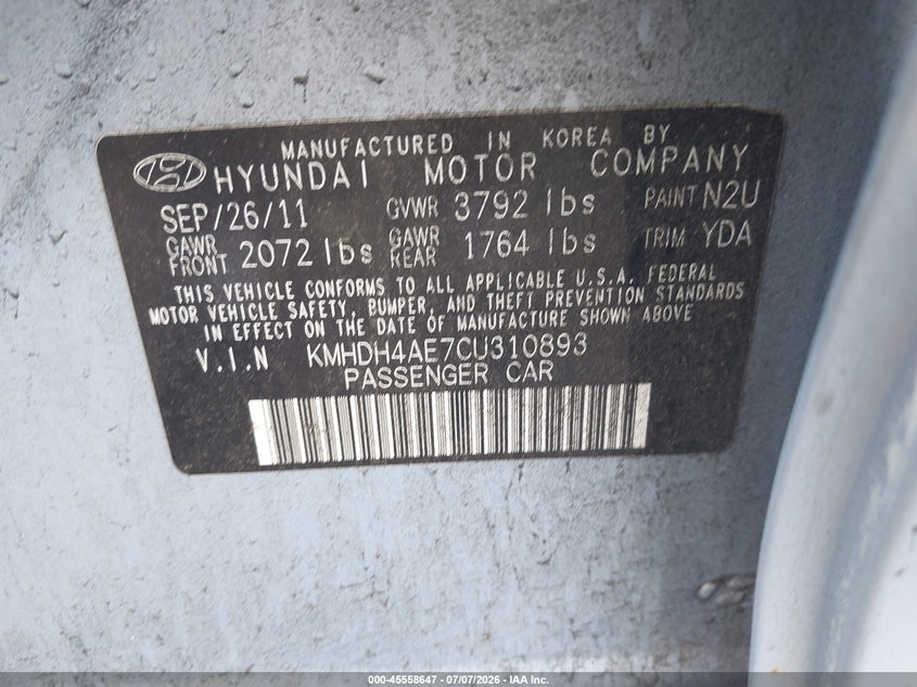 2012 Hyundai Elantra VIN KMHDH4AE7CU310893 IAAI salvage auction — REAR END, Mv-907A (New York), sold $750 on 2026-07-21 (photo 9)