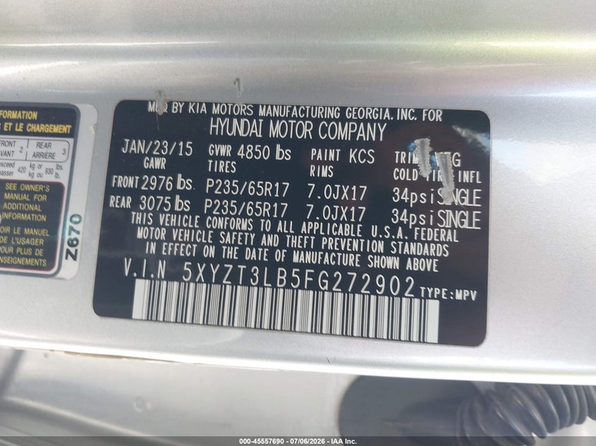 2015 Hyundai Santa fe VIN 5XYZT3LB5FG272902 IAAI salvage auction — NORMAL WEAR, Clear - Dealer Only (California), sold $1,550 on 2026-07-14 (photo 9)
