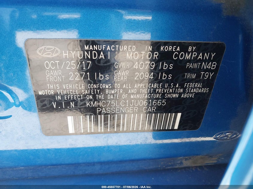 2018 Hyundai Ioniq VIN KMHC75LC1JU061665 IAAI salvage auction — LEFT FRONT, Salvage (California), sold $775 on 2026-07-29 (photo 9)