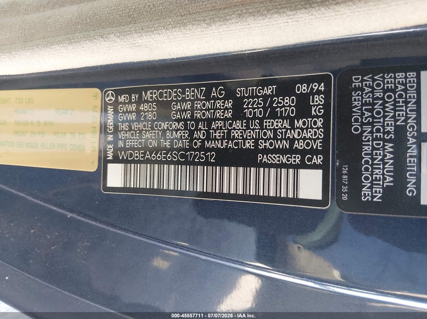 1995 Mercedes-benz E-class VIN WDBEA66E6SC172512 IAAI salvage auction — VANDALISM, Salvage (California), sold $7,700 on 2026-08-12 (photo 9)
