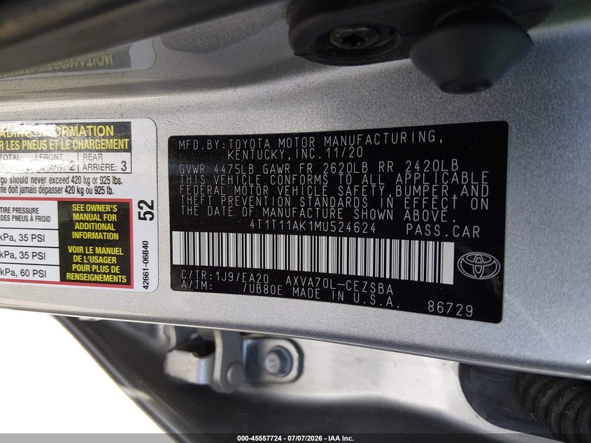 2021 Toyota Camry VIN 4T1T11AK1MU524624 IAAI salvage auction — RIGHT FRONT, Salvage Certificate (California), sold $6,900 on 2026-07-22 (photo 9)