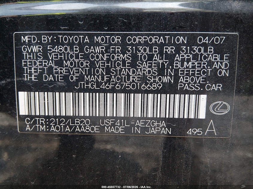 2007 Lexus Ls 460 VIN JTHGL46F675016689 IAAI salvage auction — NORMAL WEAR, Clear (Virginia), sold $450 on 2026-07-28 (photo 9)