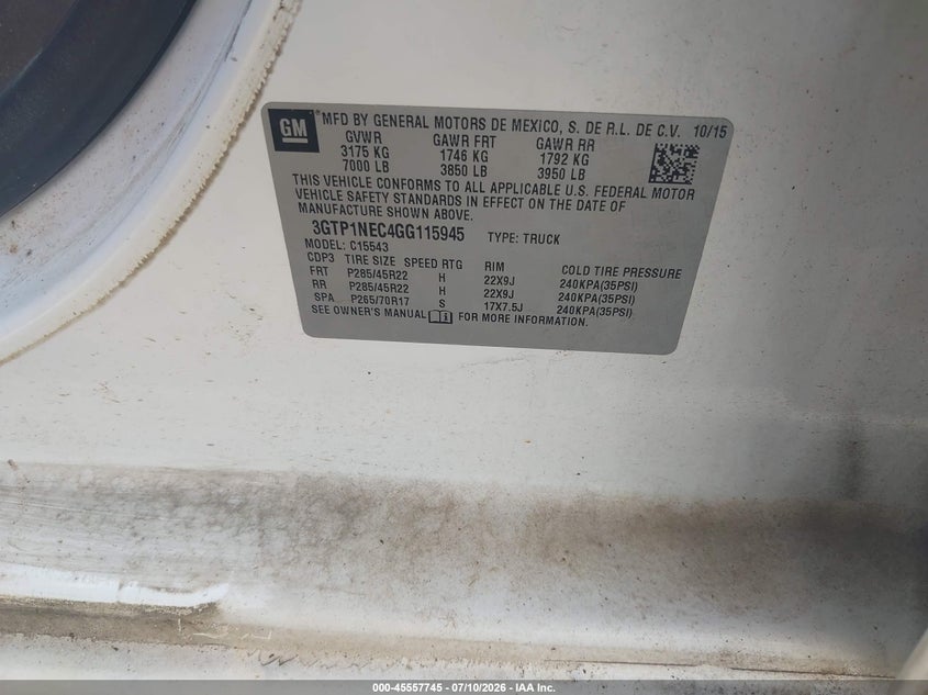 2016 Gmc SIERRA VIN 3GTP1NEC4GG115945 IAAI salvage auction — NORMAL WEAR, Clear (Mississippi), sold $3,800 on 2026-07-24 (photo 9)
