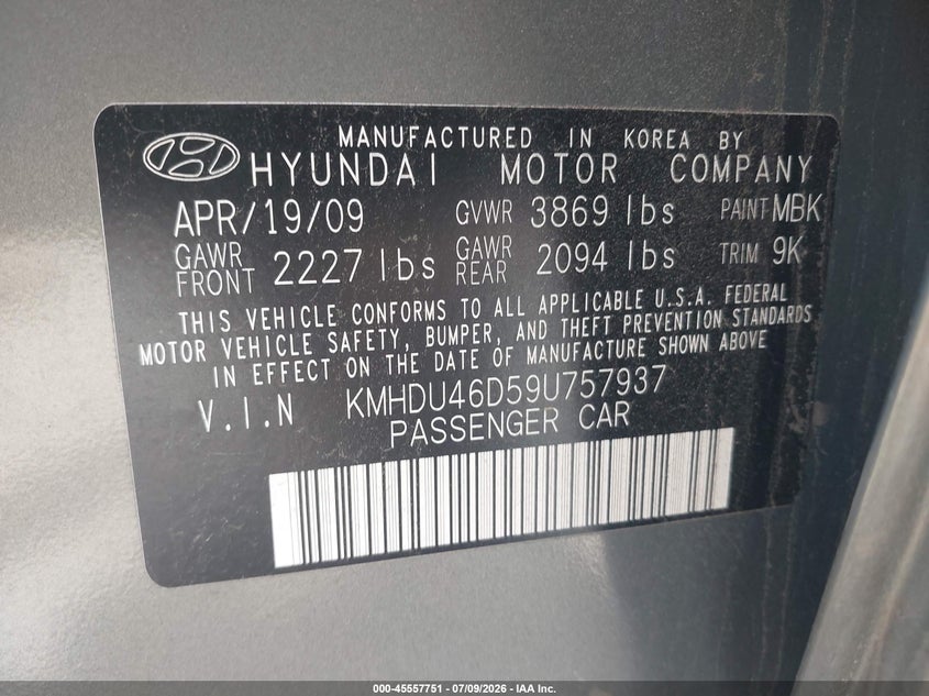 2009 Hyundai Elantra VIN KMHDU46D59U757937 IAAI salvage auction — LEFT FRONT, Clear (Massachusetts), sold $450 on 2026-07-12 (photo 9)