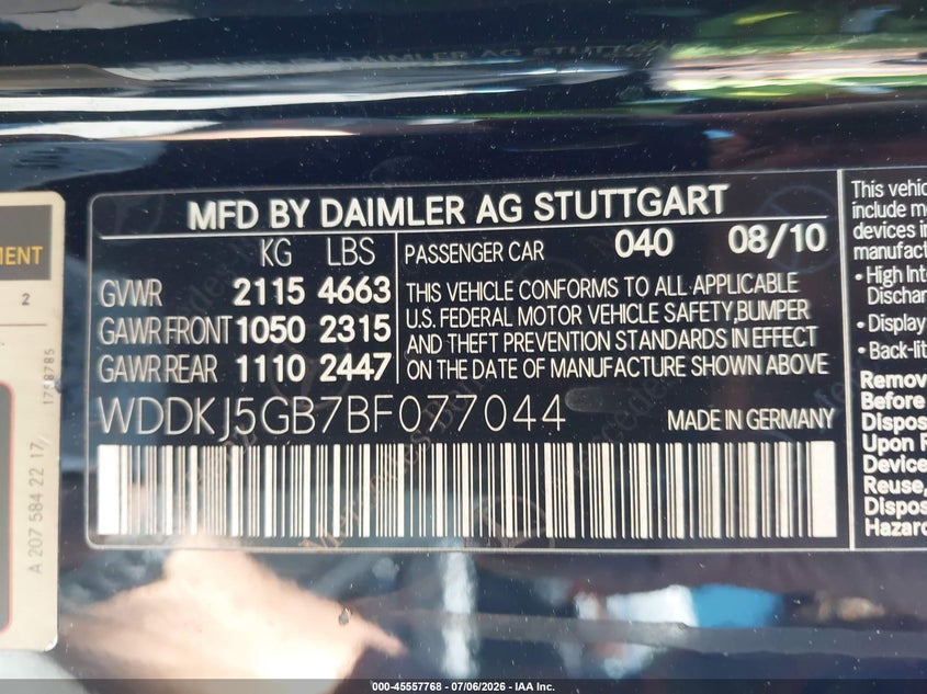 2011 Mercedes-benz E-klasse VIN WDDKJ5GB7BF077044 IAAI salvage auction — RIGHT SIDE, Salvage (California), sold $925 on 2026-08-01 (photo 9)