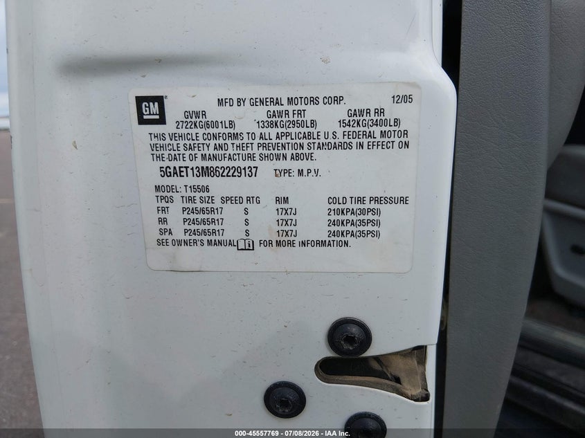 2006 Buick Rainier VIN 5GAET13M862229137 IAAI salvage auction — NORMAL WEAR, Clear (Colorado), sold $25 on 2026-07-22 (photo 9)