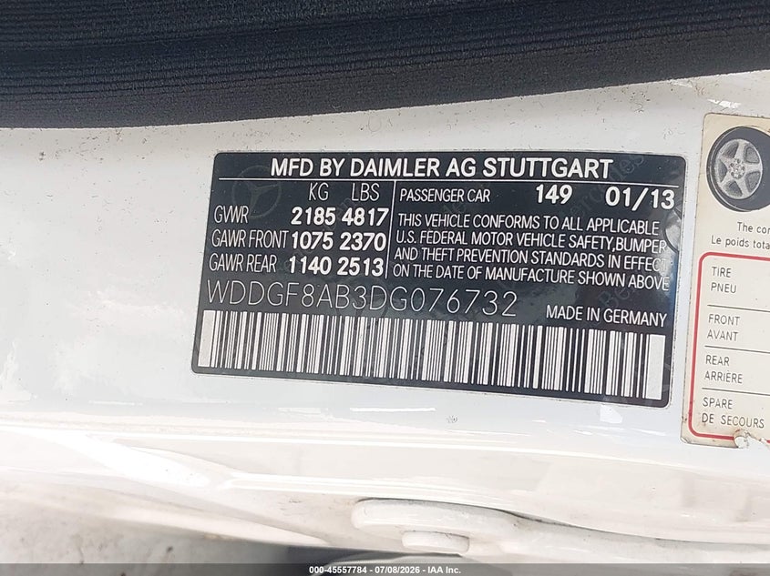 2013 Mercedes-benz C-klasse VIN WDDGF8AB3DG076732 IAAI salvage auction — FRONT END, Salvage Title, sold $2,550 on 2026-07-29 (photo 9)