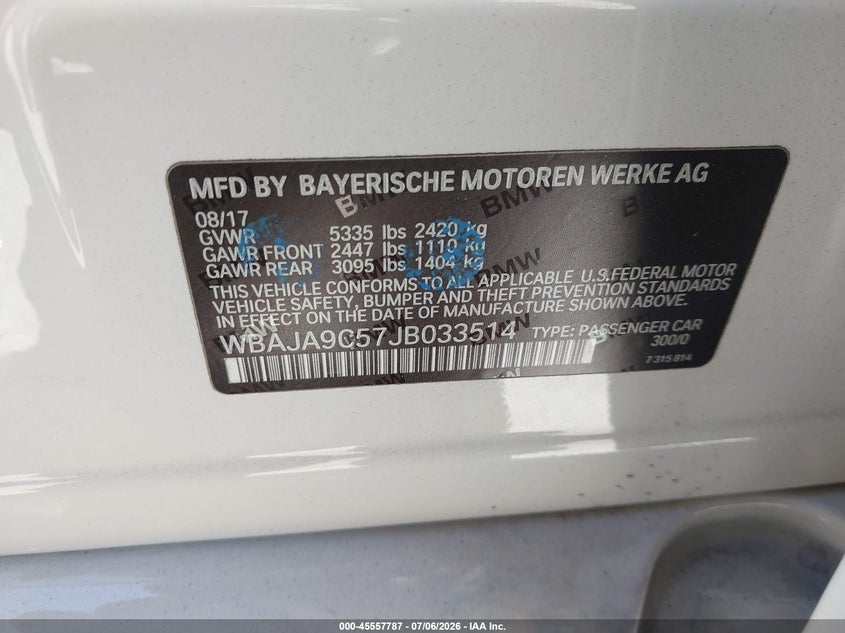 2018 BMW 5er VIN WBAJA9C57JB033514 IAAI salvage auction — FRONT END, Salvage Title, sold $3,550 on 2026-07-18 (photo 9)