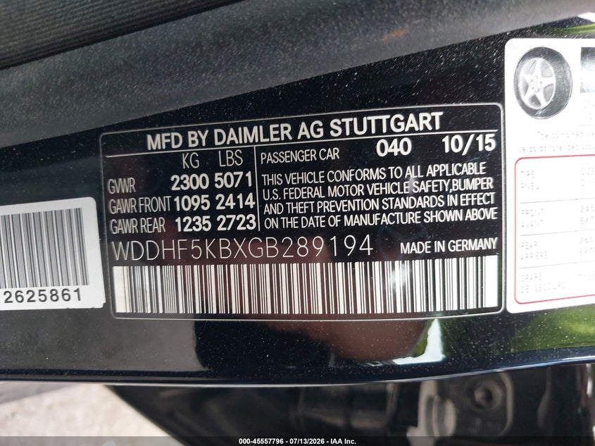 2016 Mercedes-benz E-klasse VIN WDDHF5KBXGB289194 IAAI salvage auction — RIGHT FRONT, Salvage Certificate (California), sold $2,500 on 2026-07-22 (photo 9)