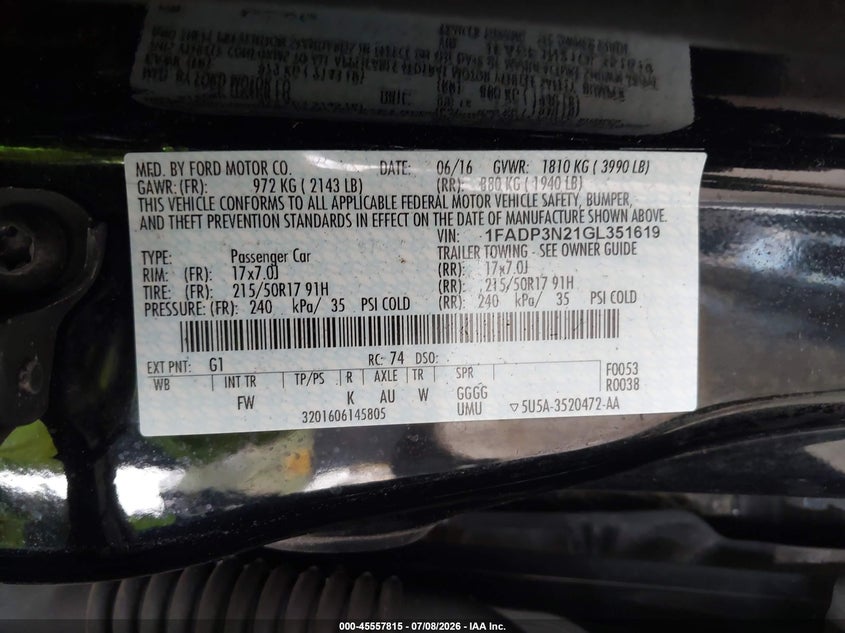 2016 Ford Focus VIN 1FADP3N21GL351619 IAAI salvage auction — FRONT END, Bill Of Sale (Washington), sold $875 on 2026-07-24 (photo 9)