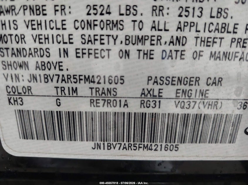 2015 Infiniti Q50 VIN JN1BV7AR5FM421605 IAAI salvage auction — NORMAL WEAR, Clear (New York), sold $3,425 on 2026-07-29 (photo 9)
