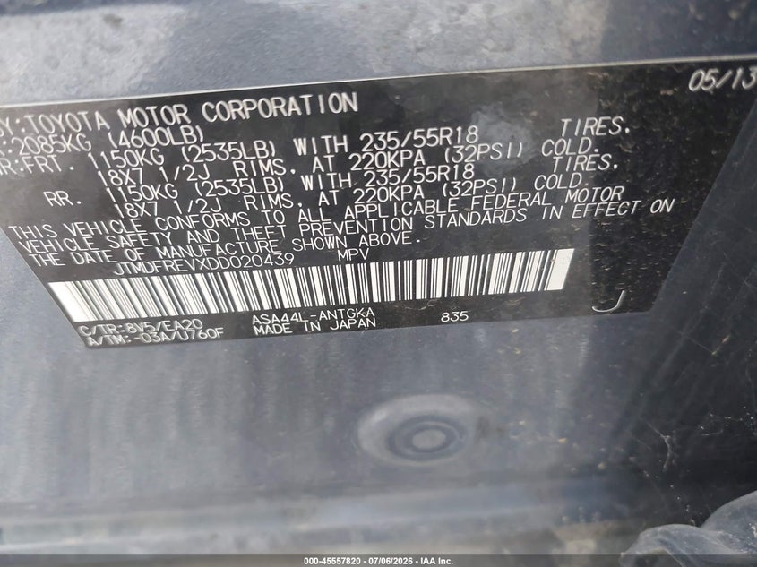 2013 Toyota Rav 4 VIN JTMDFREVXDD020439 IAAI salvage auction — NORMAL WEAR, Clear (Indiana), sold $4,650 on 2026-07-29 (photo 9)