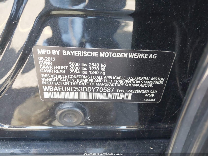 2013 BMW 5er VIN WBAFU9C53DDY70587 IAAI salvage auction — NORMAL WEAR, Clear-Dealer Only (Washington), sold $1,400 on 2026-07-16 (photo 9)