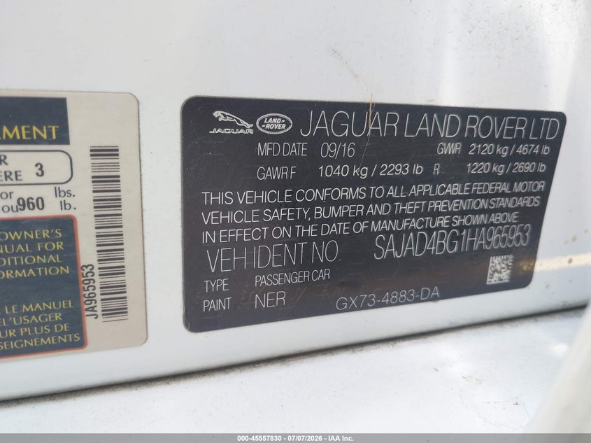 2017 Jaguar Xe VIN SAJAD4BG1HA965953 IAAI salvage auction — SIDE, Salvage Title, sold $525 on 2026-07-29 (photo 9)
