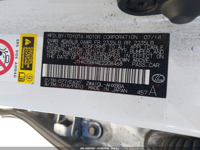 2014 Lexus Ct VIN JTHKD5BH4E2208468 IAAI salvage auction — FRONT END, Salvage Title, sold $2,350 on 2026-07-30 (photo 9)
