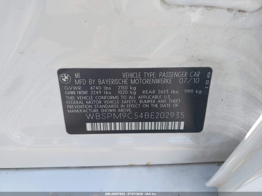 2011 BMW M3 VIN WBSPM9C54BE202935 IAAI salvage auction — RIGHT REAR, Salvage (Oregon), sold $17,300 on 2026-08-27 (photo 9)