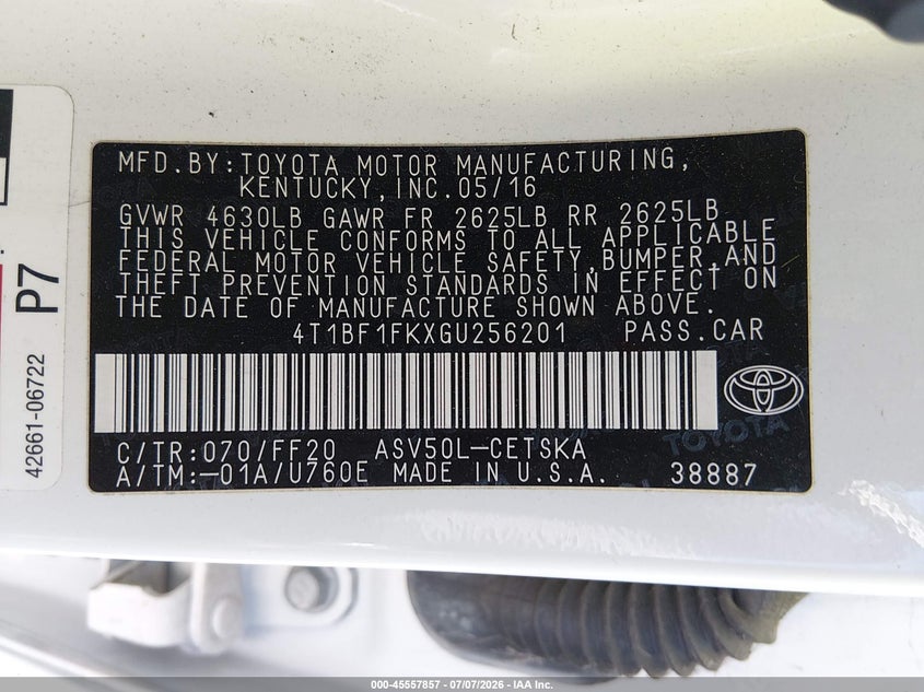2016 Toyota Camry VIN 4T1BF1FKXGU256201 IAAI salvage auction — LEFT FRONT, Salvage (California), sold $25 on 2026-07-28 (photo 9)