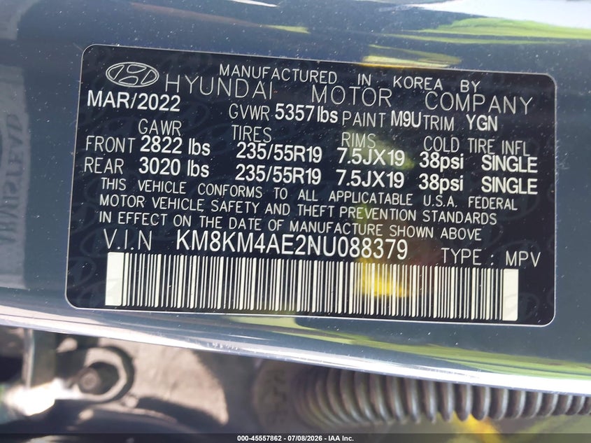 2022 Hyundai Ioniq 5 VIN KM8KM4AE2NU088379 IAAI salvage auction — REAR END, Salvage (Georgia), sold $12,050 on 2026-08-19 (photo 9)