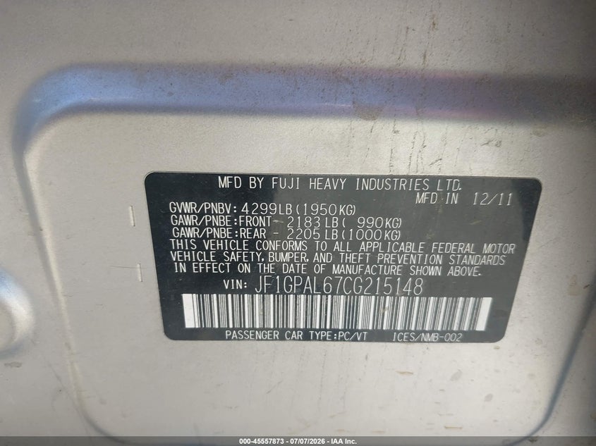 2012 Subaru Impreza VIN JF1GPAL67CG215148 IAAI salvage auction — FRONT & REAR, Salvage (California), sold $975 on 2026-07-28 (photo 9)