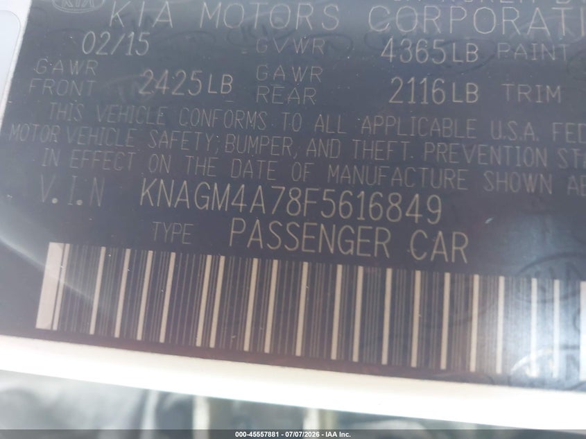 2015 Kia Optima VIN KNAGM4A78F5616849 IAAI salvage auction — NORMAL WEAR, Clear (Arizona), sold $125 on 2026-07-21 (photo 9)