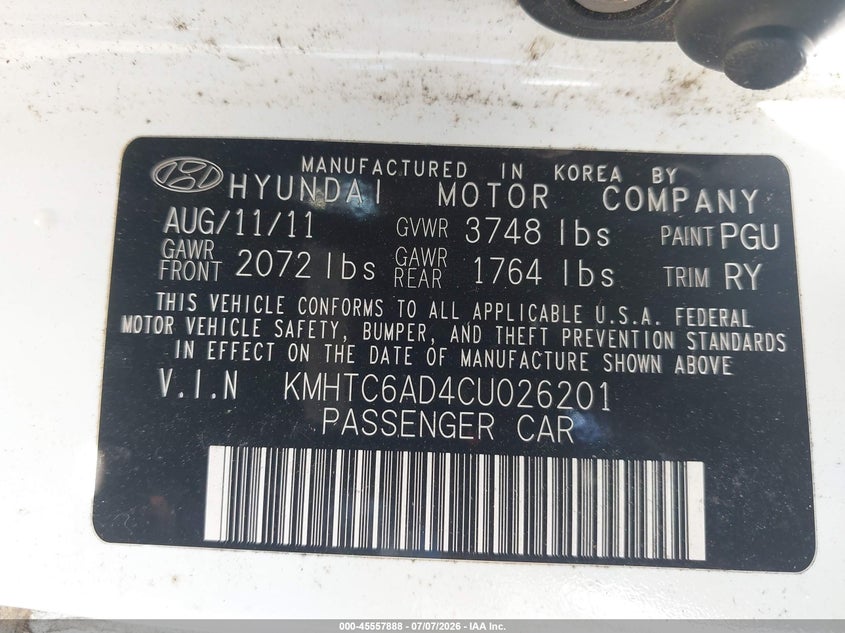 2012 Hyundai Veloster VIN KMHTC6AD4CU026201 IAAI salvage auction — NORMAL WEAR, Repossession Paperwork (Georgia), sold $50 on 2026-07-30 (photo 9)