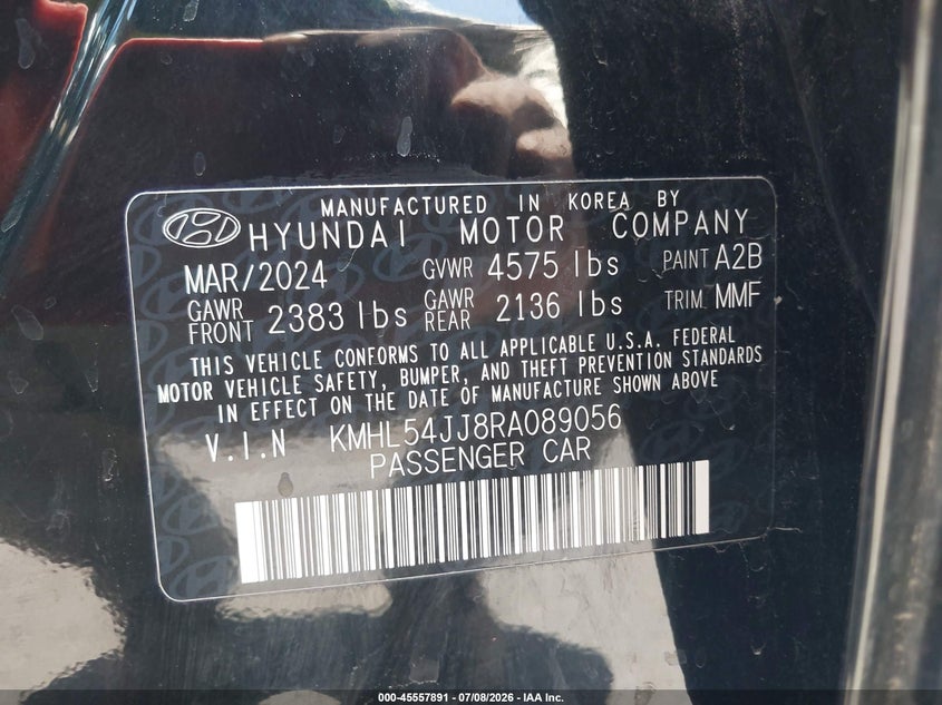 2024 Hyundai Sonata VIN KMHL54JJ8RA089056 IAAI salvage auction — REAR END, Salvage Title, sold $11,800 on 2026-07-16 (photo 9)