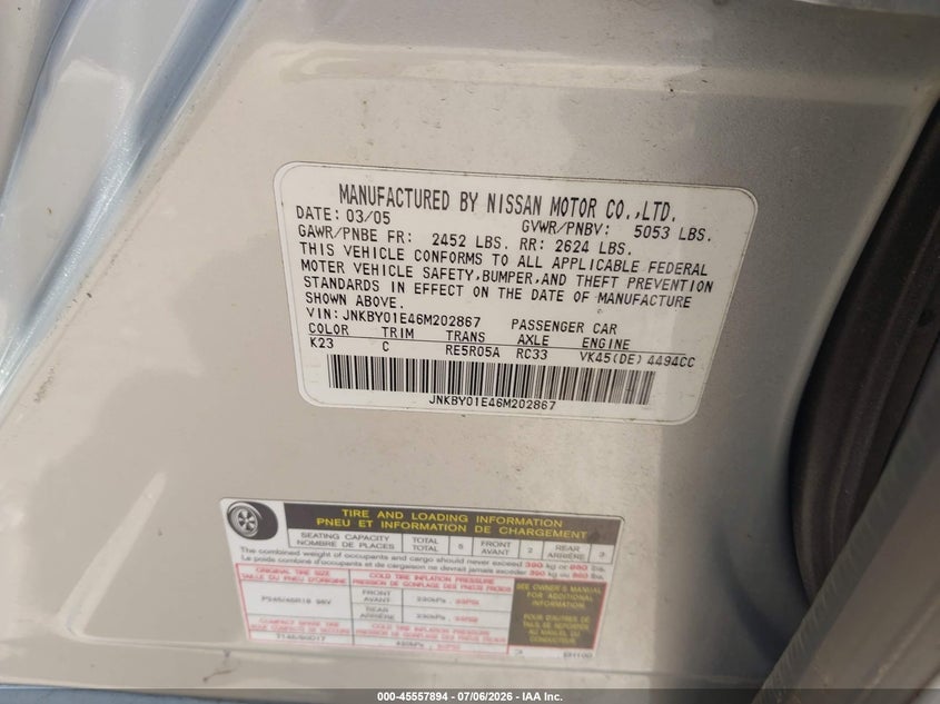 2006 Infiniti M45 VIN JNKBY01E46M202867 IAAI salvage auction — NORMAL WEAR, Original (Texas), sold $375 on 2026-07-28 (photo 9)