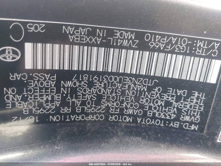 2013 Toyota Prius v VIN JTDZN3EU0D3191817 IAAI salvage auction — NORMAL WEAR, Clear (Utah), sold $825 on 2026-07-23 (photo 9)