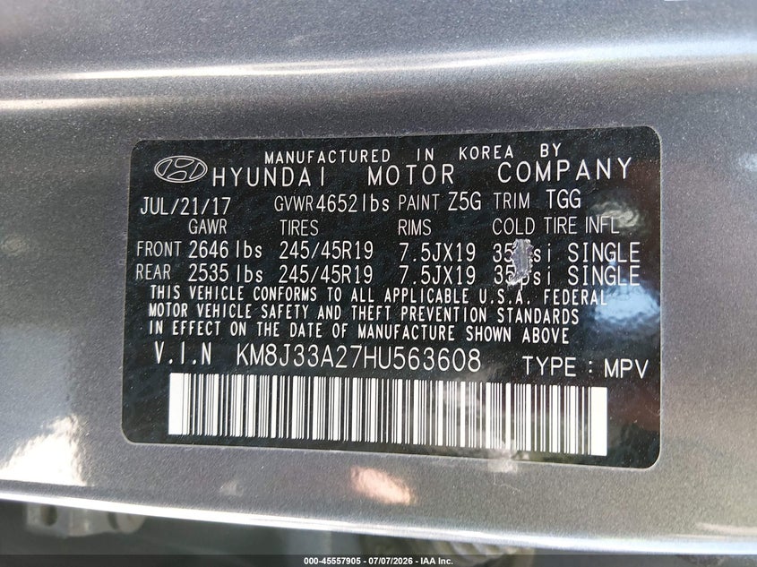 2017 Hyundai Tucson VIN KM8J33A27HU563608 IAAI salvage auction — FRONT & REAR, Salvage (California), sold $2,475 on 2026-08-02 (photo 9)