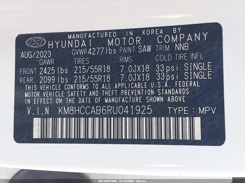 2024 Hyundai Kona VIN KM8HCCAB6RU041925 IAAI salvage auction — LEFT SIDE, Salvage Title, sold $9,400 on 2026-09-03 (photo 9)
