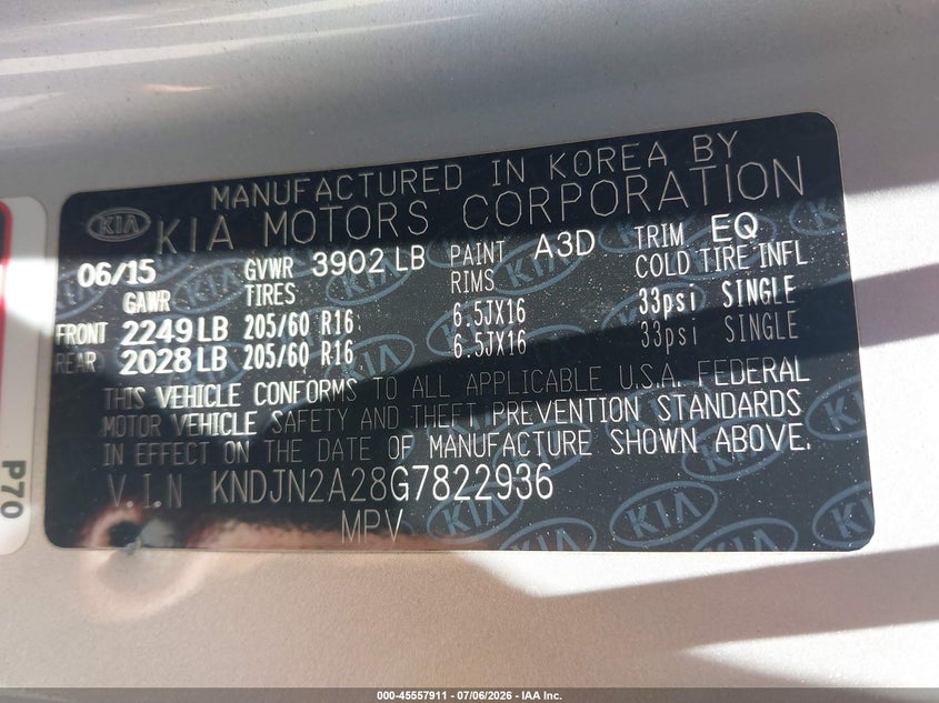 2016 Kia Soul VIN KNDJN2A28G7822936 IAAI salvage auction — NORMAL WEAR, Salvage Title - Dealer (California), sold $975 on 2026-07-28 (photo 9)