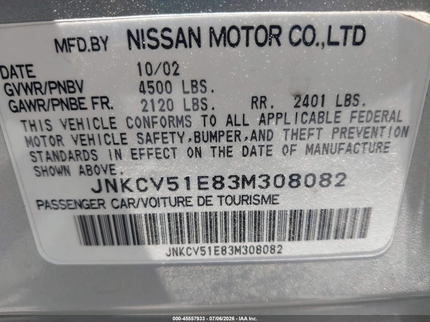 2003 Infiniti G35 VIN JNKCV51E83M308082 IAAI salvage auction — NORMAL WEAR, Clear (Nevada), sold $825 on 2026-07-08 (photo 9)