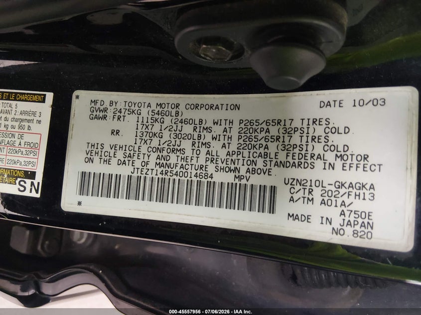 2004 Toyota 4runner VIN JTEZT14R540014684 IAAI salvage auction — NORMAL WEAR, Original (Texas), sold $2,550 on 2026-07-10 (photo 9)