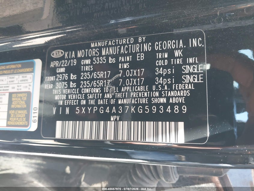 2019 Kia Sorento VIN 5XYPG4A37KG593489 IAAI salvage auction — REAR END, Salvage (California), sold $4,050 on 2026-07-22 (photo 9)