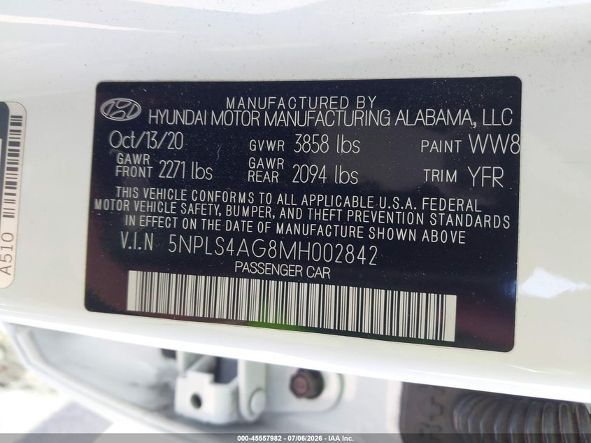 2021 Hyundai Elantra VIN 5NPLS4AG8MH002842 IAAI salvage auction — NORMAL WEAR, Salvage (California), sold $3,250 on 2026-07-20 (photo 9)
