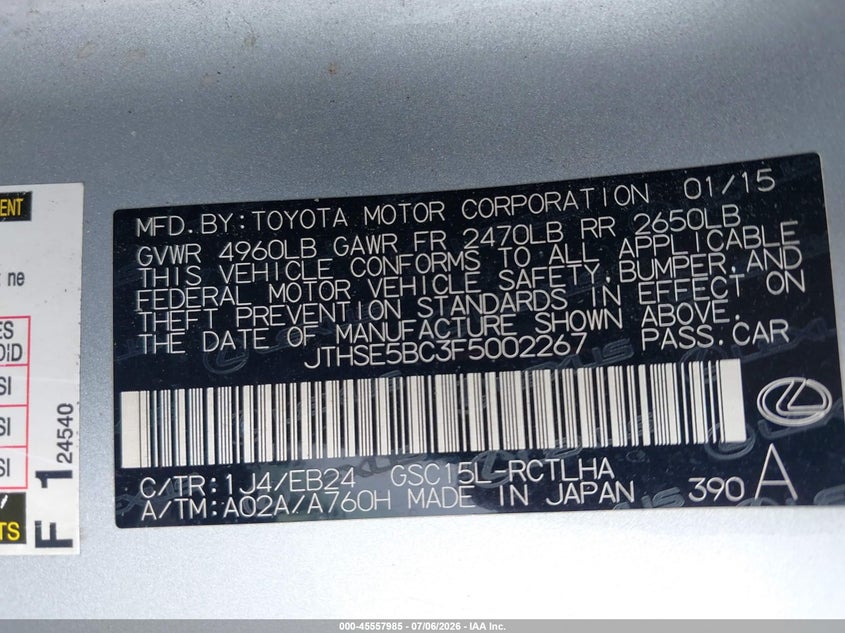 2015 Lexus Rc VIN JTHSE5BC3F5002267 IAAI salvage auction — FRONT END, Salvage - Greater Than 75% (Maryland), sold $1,700 on 2026-07-19 (photo 9)