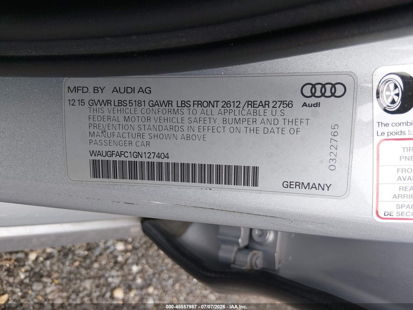 2016 Audi A6 VIN WAUGFAFC1GN127404 IAAI salvage auction — NORMAL WEAR, Clear (Virginia), sold $2,425 on 2026-07-29 (photo 9)