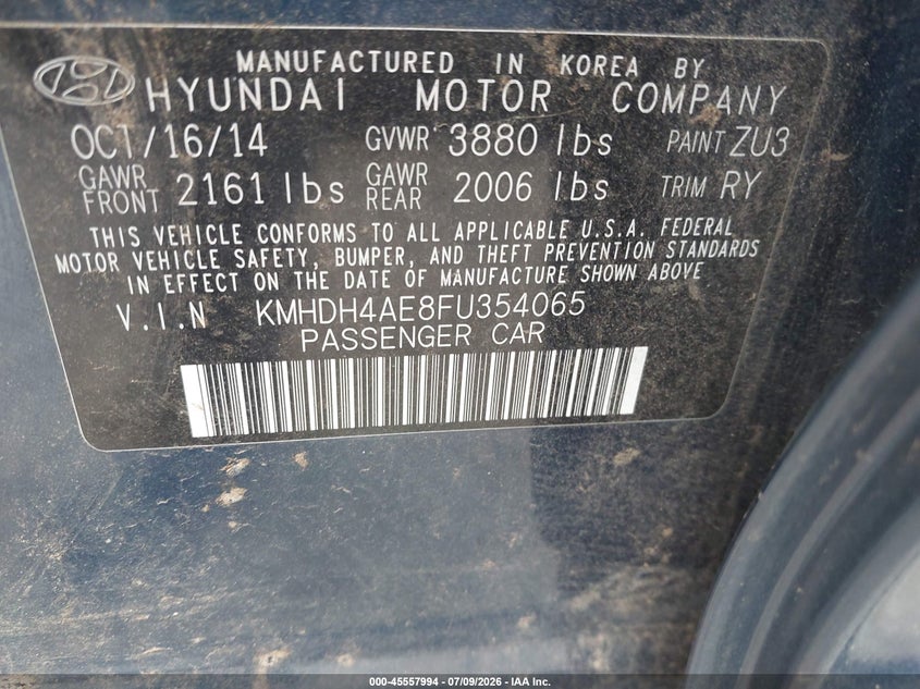 2015 Hyundai Elantra VIN KMHDH4AE8FU354065 IAAI salvage auction — NORMAL WEAR, Clear - Public Restricted (Oklahoma), sold $600 on 2026-07-22 (photo 9)