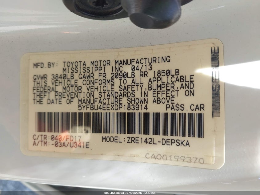 2013 Toyota Corolla VIN 5YFBU4EEXDP183914 IAAI salvage auction — NORMAL WEAR, Clear - Dealer Only (California), sold $1,775 on 2026-07-28 (photo 9)