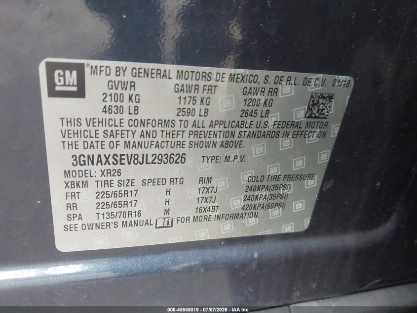 2018 Chevrolet Equinox VIN 3GNAXSEV8JL293626 IAAI salvage auction — REAR END, Salvage - Greater Than 75% (Maryland), sold $2,000 on 2026-08-01 (photo 9)