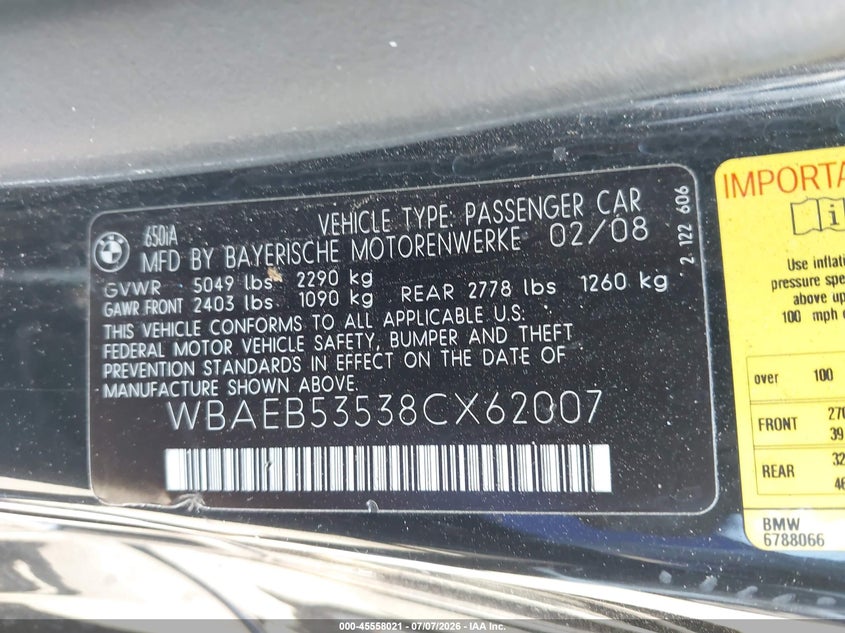 2008 BMW 6 series VIN WBAEB53538CX62007 IAAI salvage auction — NORMAL WEAR, Clear - Dealer Only (California), sold $550 on 2026-07-09 (photo 9)