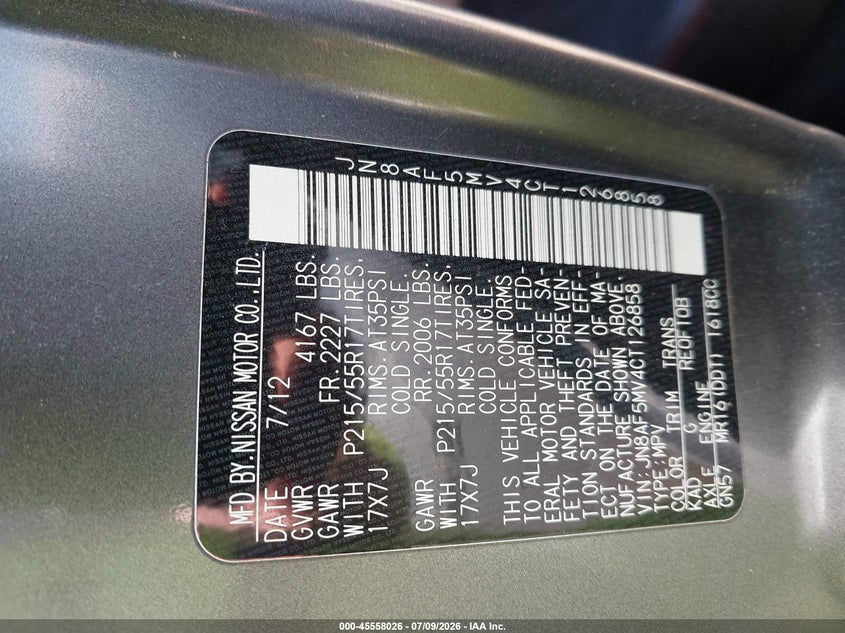 2012 Nissan Juke VIN JN8AF5MV4CT126858 IAAI salvage auction — NORMAL WEAR, Clear (Washington), sold $425 on 2026-07-29 (photo 9)