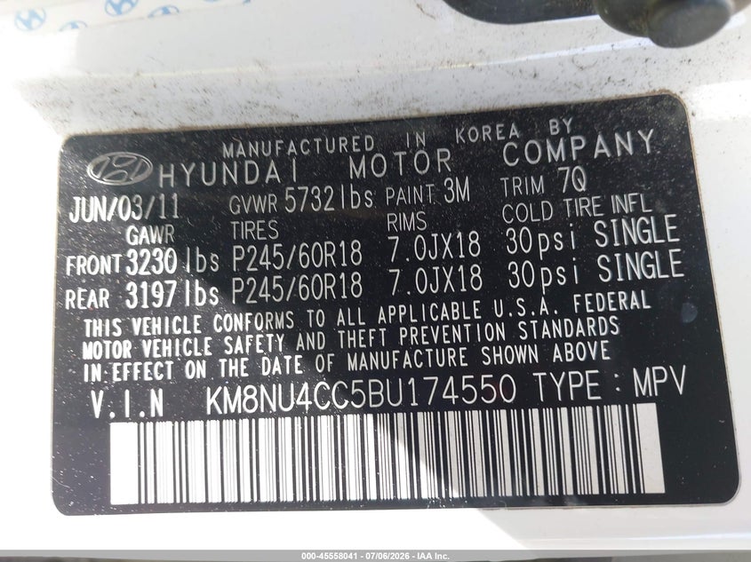 2011 Hyundai Veracruz VIN KM8NU4CC5BU174550 IAAI salvage auction — RIGHT FRONT, Salvage (California), sold $2,050 on 2026-07-17 (photo 9)