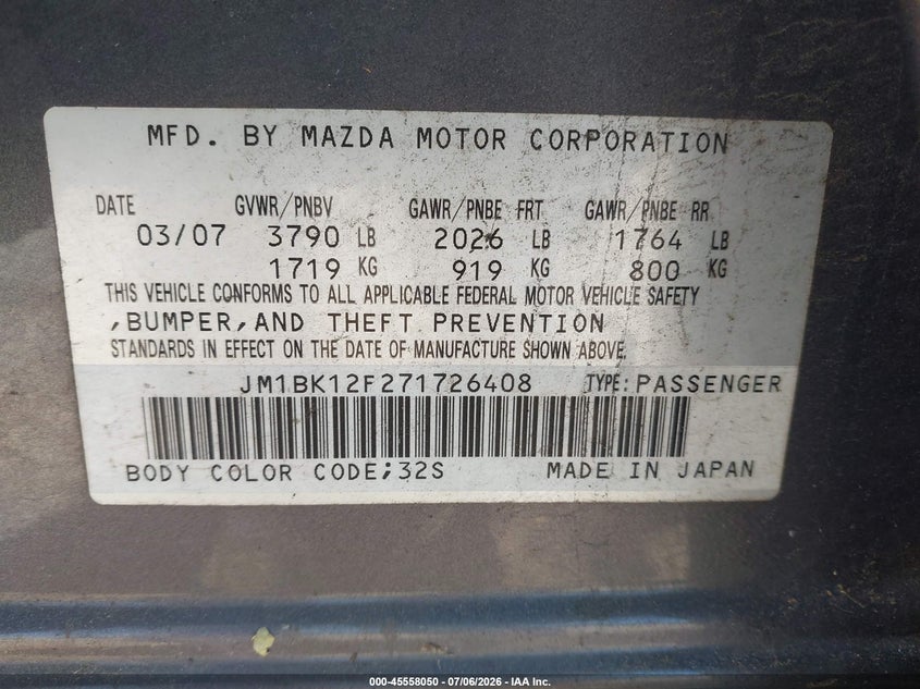 2007 Mazda 3 VIN JM1BK12F271726408 IAAI salvage auction — FRONT END, Clear-Dealer Only (Oregon), sold $350 on 2026-07-29 (photo 9)