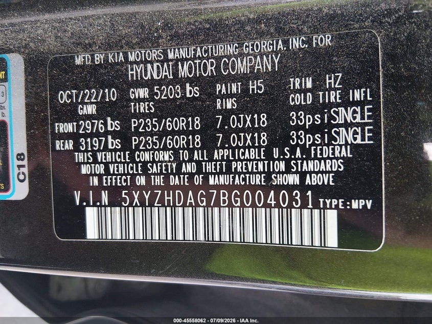 2011 Hyundai Santa fe VIN 5XYZHDAG7BG004031 IAAI salvage auction — RIGHT FRONT, Salvage (North Carolina), sold $675 on 2026-07-31 (photo 9)