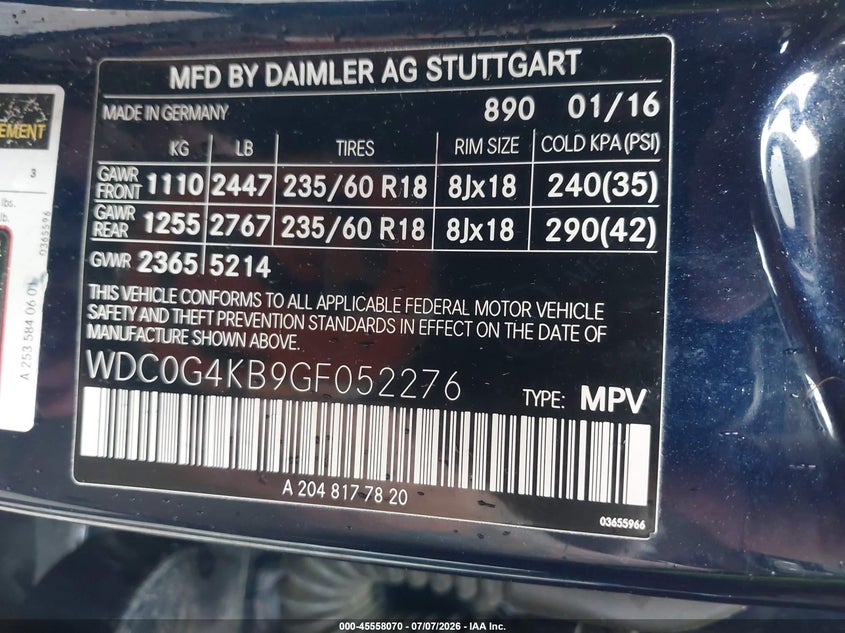 2016 Mercedes-benz Glc VIN WDC0G4KB9GF052276 IAAI salvage auction — NORMAL WEAR, Clear (New York), sold $3,025 on 2026-07-28 (photo 9)