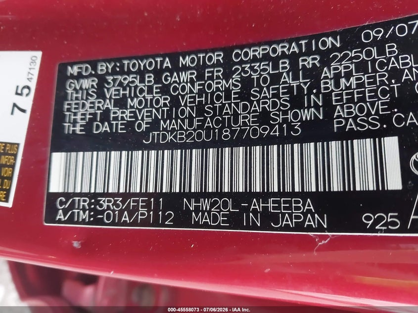 2008 Toyota Prius VIN JTDKB20U187709413 IAAI salvage auction — NORMAL WEAR, Salvage Title (New York), sold $300 on 2026-07-16 (photo 9)