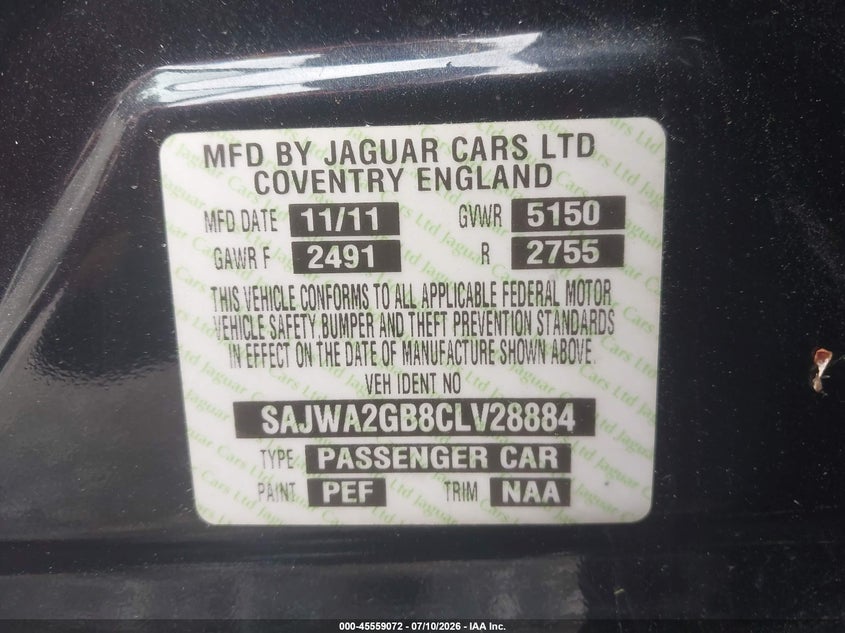 2012 Jaguar Xj series VIN SAJWA2GB8CLV28884 IAAI salvage auction — NORMAL WEAR, Clear (Tennessee), sold $1,700 on 2026-07-23 (photo 9)